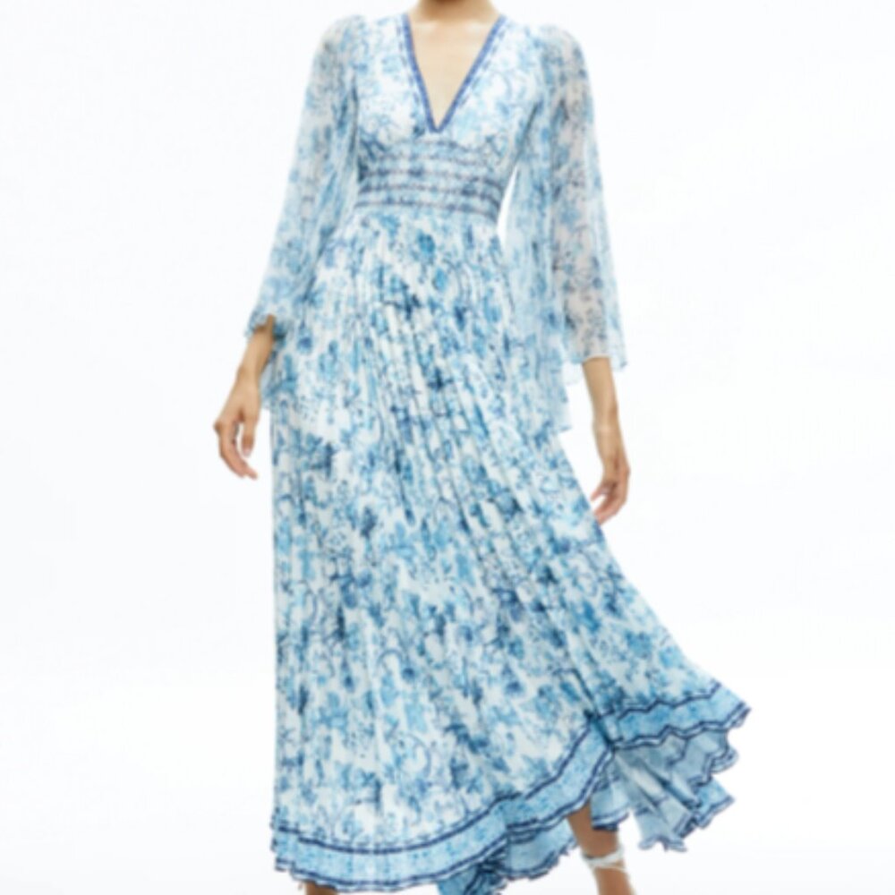 NWT Alice and Olivia Sion Sunburst Pleated Maxi Dress- Size 2